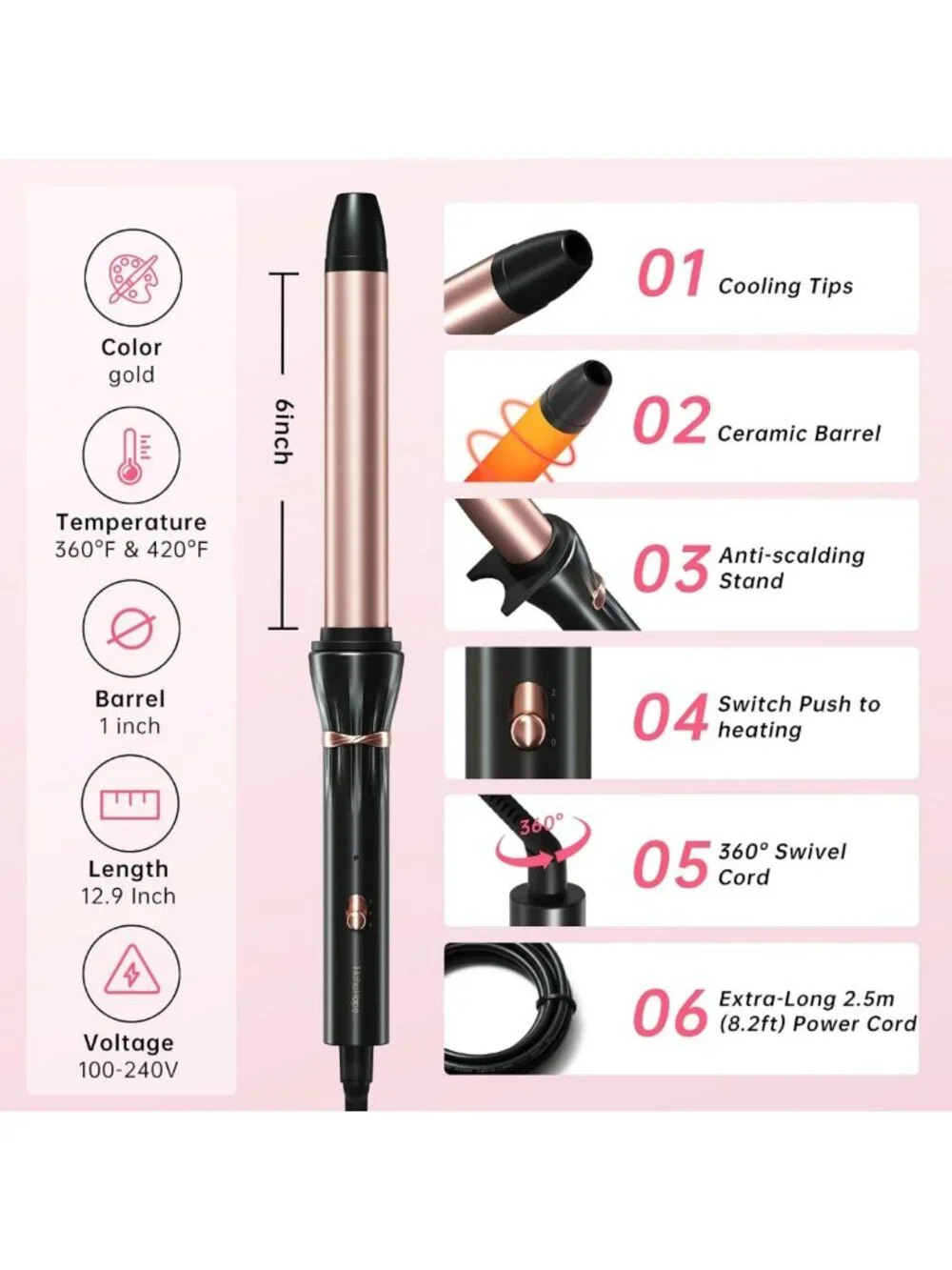 1-Inch Ceramic Curling Wand for Loose Waves, Long Barrel, Dual Voltage, 2 Heat